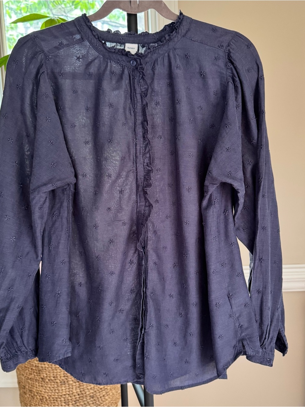 Old Navy Embroidered Ruffle-Trim Blouse in Navy